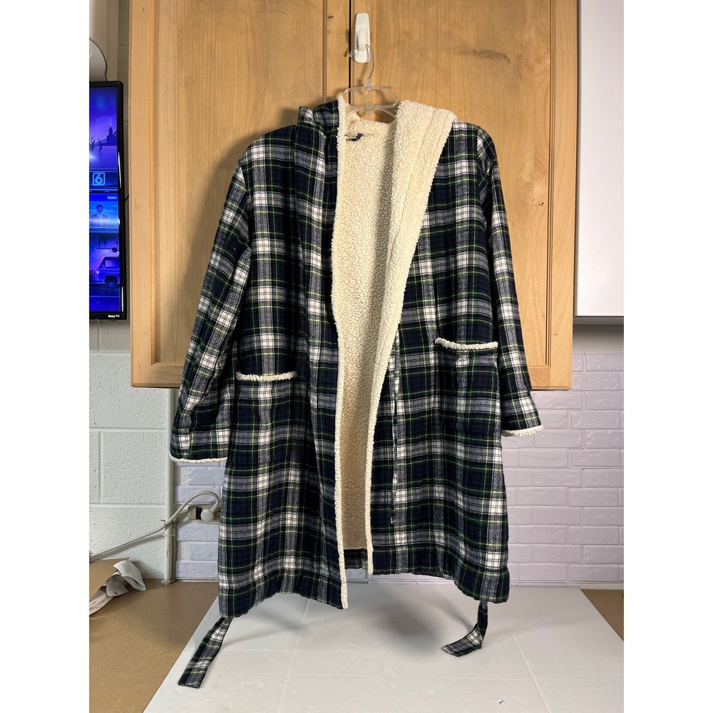 L.L.Bean Flannel Robe Womens Small Green Navy Plaid Sherpa Lined Hooded 505919